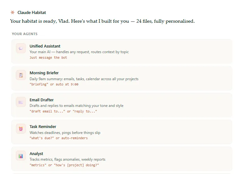 Claude Habitat desktop app showing the personal agents it set up for a user