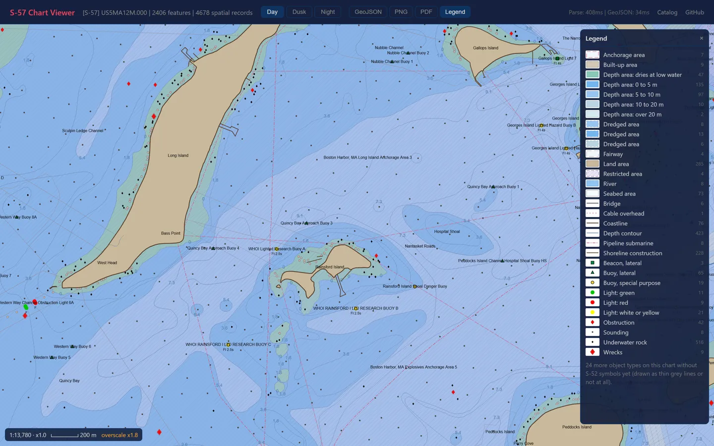 S-57 Chart Viewer showing the NOAA Boston Harbor chart with depth areas, buoys and lights, rendered in the browser with a legend
