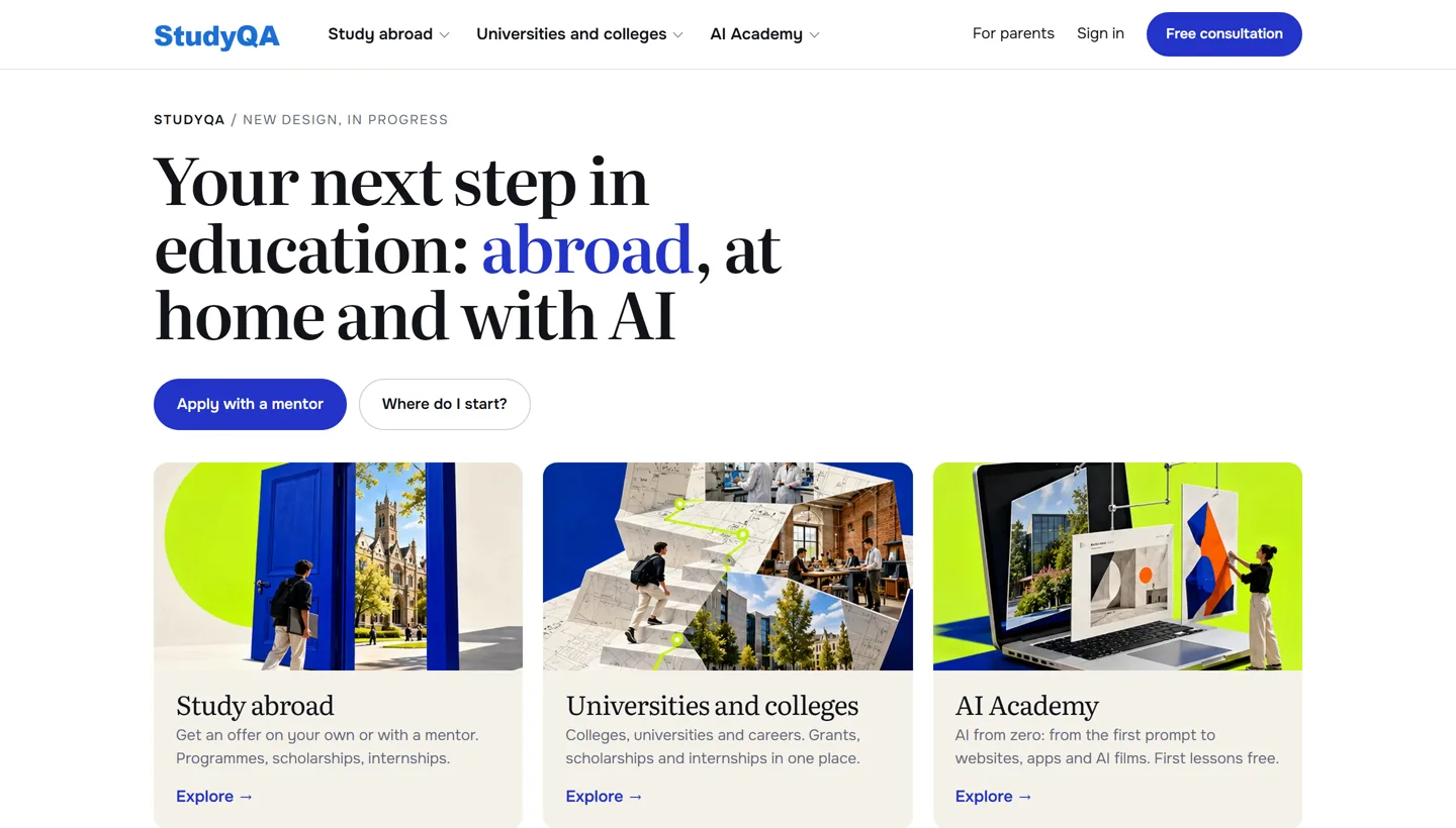 First screen of the new StudyQA design: headline Your next step in education, with three sections: study abroad, universities and colleges, AI Academy